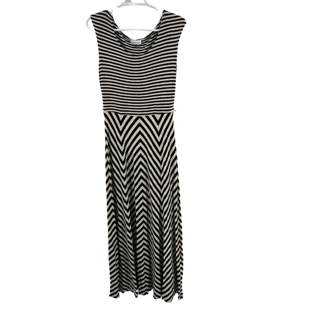 Calvin Klein 6 tan black striped sleeveless stretchy maxi dress office vacation